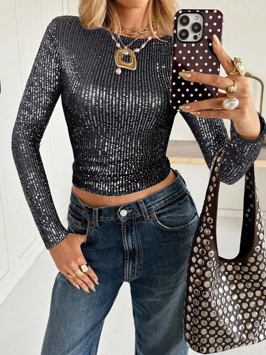 Shiny Sequin Crew Long Sleeve